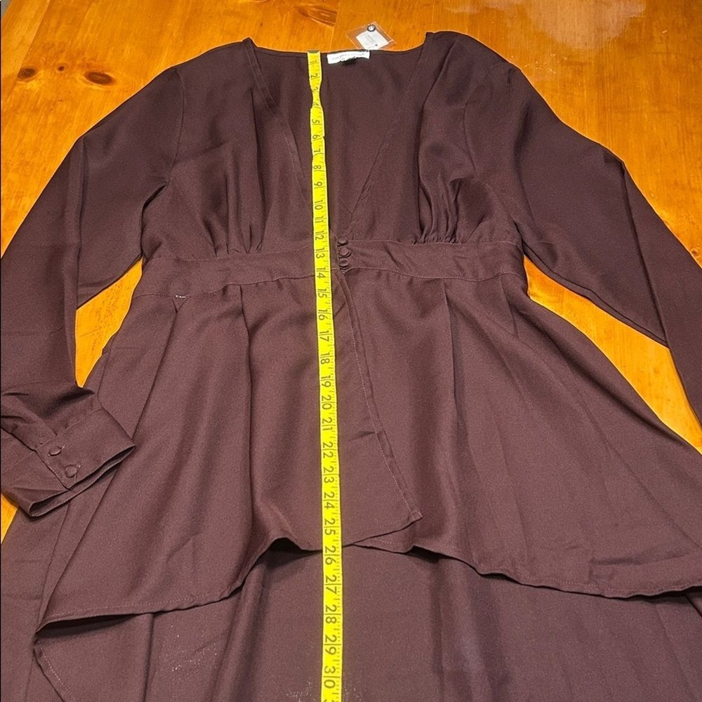 NY & Company Whimsigoth Chocolate Brown High Low Tunic Top VNeck Long Sleeve NWT - Picture 5 of 10